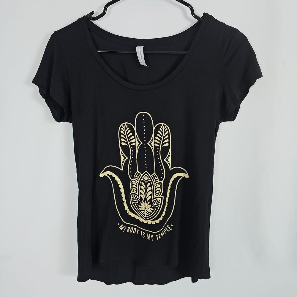 Get Over Women’s Hand Lotus Yoga Shirt Size S Short Sleeve Shirt/Top, Black